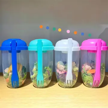 1pc Portable Plastic Salad Cup With Spoon, Fork & Lid For