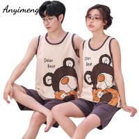 New Summer Soft Cotton Cartoon Bear Printing Pajamas for Couple Fashion Sleeveless Sleepwear for Lovers O-neck Couple Pijamas