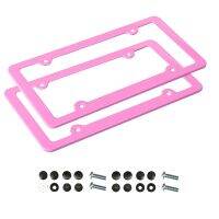 2x Standard License Plate Frames Aluminum Alloy 4-Hole Fine Slim Edge Screw Kits Pink/Black Tag Cover Holder for American Cars