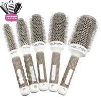 Professional Rubber Handle Round Hairbrush Gray Aluminum Tube Ceramic Thermal Boar Bristle Salon Hairdresser Styling Roll Comb Cleaning Tools