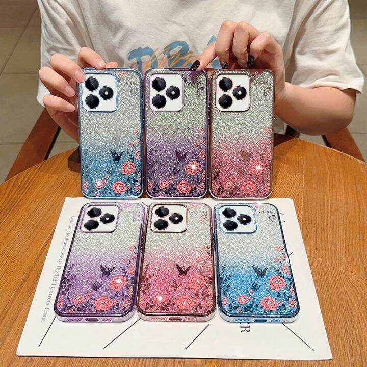 เคสกลิตเตอร์สำหรับ-realme-c53-c55-c33-c35-4g-nfc-realmec53-2022ซิลิโคน-tpu-ยืดหยุ่นฝาหลังอ่อนนุ่มเคสกันกระแทกมือถือแวววาวปกป้องดอกไม้ไล่ระดับสี