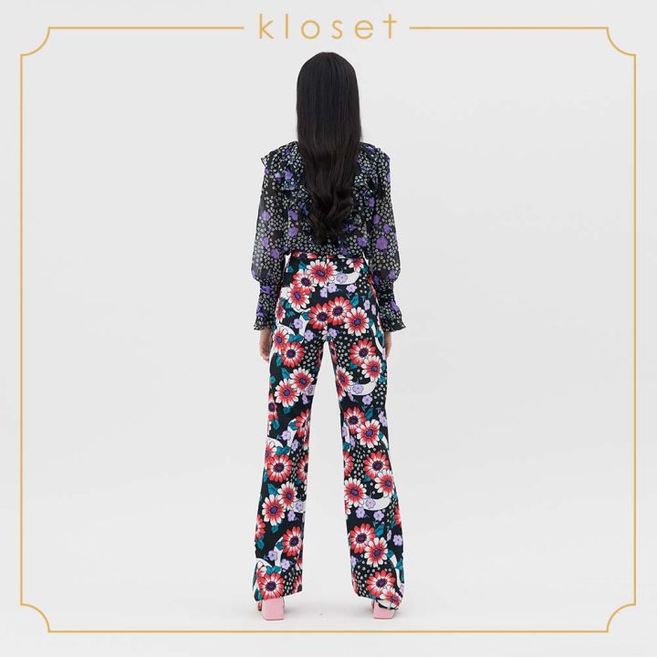 kloset-alien-flower-high-waisted-pants-aw20-p007-เสื้อผ้าผู้หญิง-เสื้อผ้าแฟชั่น-กางเกงแฟชั่น-กางเกงขายาว-กางเกงขายาวผ้าพิมพ์
