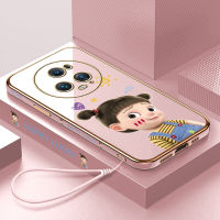 พร้อมเคสสำหรับ Honor Magic5เคส Pro (ฟรีสายคล้อง) การ์ตูนน่ารักแฮปปี้เกิร์ลขอบสี่เหลี่ยมปลอกชุบเคสโทรศัพท์สุดหรูชุบเคลือบเคสโทรศัพท์นิ่ม