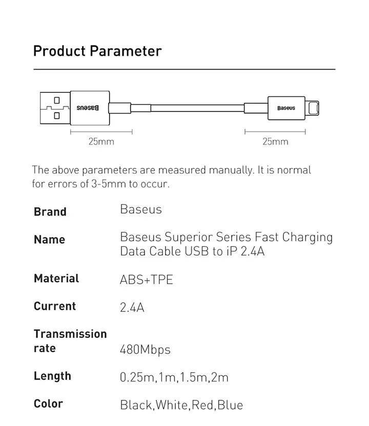 Baseus cable superior series pour lightning / iphone 2.4A-12
