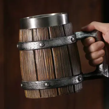 Tankard Mug, Stainless Steel Viking Beer Mug, Double-Barrel Insulation  Wooden Beer Tankard Cup, 600ml Wooden Medieval Mugs, Beer Cup Stein for