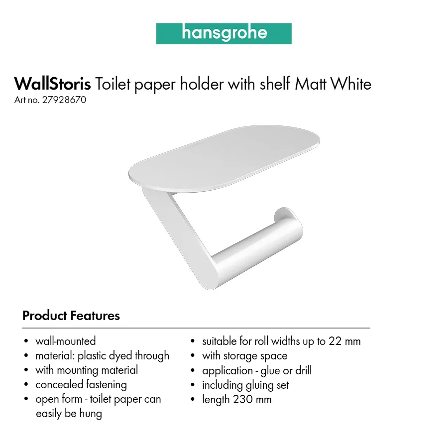 Hansgrohe 27928670 WallStoris Toilet Paper Holder with Shelf in