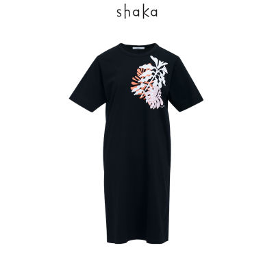 AW21 Shaka Leaf T-Dress เดรสผ้ายืดยาวเหนือเข่า สกรีนแต่งลายใบไม้ DS-A210815