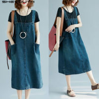 Women Oversize Denim Dress Casual Maxi Dress Loose Long Denim Suspender Skirt with Pockets