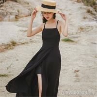 COD DSTGRTYTRUYUY 【Original instock】Black suspender dress sexy one-shoulder split little halter seaside vacation beach skirt female summer