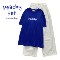 【New】พร้อมส่ง เสื้อoversize ลายpeachy (สีน้ำเงิน) + กางเกงทรงลุง (สีขาว)