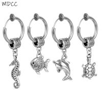 Fish Conch Dolphin Turtle Key Pendants Stainless Steel Painless Ear Clip Earrings For Men/Women Punk Non Piercing Fake Earrings