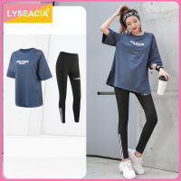 LYSEACIA 2ชิ้นผู้หญิงฟิตเนสโยคะตั้งแขนสั้นเสื้อกีฬา + กางเกงโยคะยืดหยุ่นชุดออกกำลังกายยิมหญิงยืดออกกำลังกายเสื้อผ้าฤดูร้อนชุดออกกำลังกายแบบระบายอากาศได้