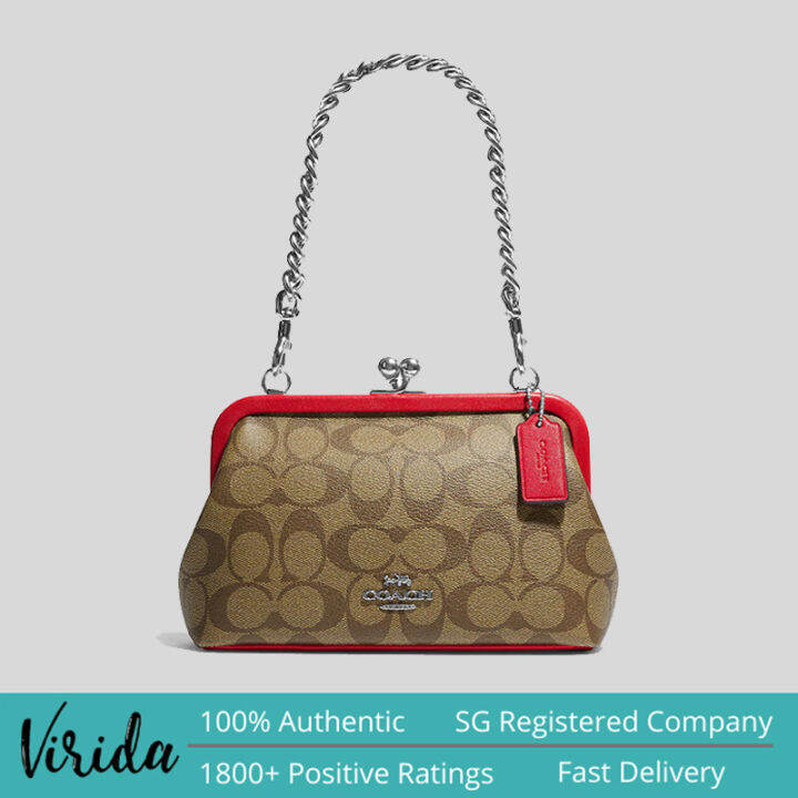 Coach Nora Kisslock Crossbody In Signature Canvas Khaki/Electric Red