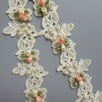 [HOT!] 1 Yard Vintage Pearl Flower Embroidered Lace Edge Trim Ribbon Applique Patches Wedding Dress Fabric Sewing Craft