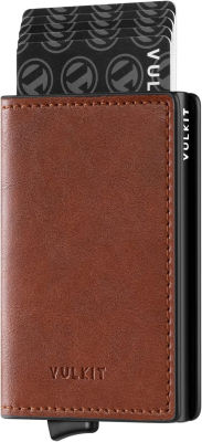 VULKIT Credit Card Holder RFID Blocking Vintage Leather Automatic Pop Up Wallet Aluminum Slim Bifold Business Card Case Brown