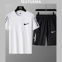 SEATUEMA ผู้ชายฤดูร้อนกีฬาสวมใส่บางสบาย ๆ หลวมแห้งเร็วเสื้อยืดกางเกงขาสั้นของผู้ชายแขนสั้นน้ำแข็งผ้าไหมสองชิ้น