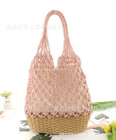 Women Woven Mesh Shopping Bag Cotton Rope+straw Weaving Reticulate Hollow Straw Bag Net Shoulder Bag Beach Holiday Bags