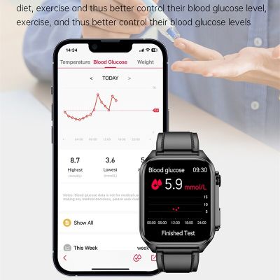 เครื่องวัดระดับน้ำตาลในเลือดสมาร์ทวอท์ช ECG + PPG นาฬิกาข้อมือเพื่อสุขภาพ1.96นิ้วสมาร์ทวอทช์โทรผ่านบลูทูธผู้ชายผู้หญิง