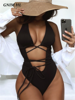 GNIM Sexy Hollow Out Bandage String Womens Swimsuit One-Piece Black White Beachwear Swimwear Bikini 2022 New Summer Bather Suit