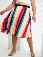 HotPlus ขนาดฤดูร้อน Elegant กระโปรงผู้หญิงเอวยางยืดแนวตั้ง Rainbow Stripe เย็บ A-Line Midi กระโปรงหญิงขนาดใหญ่กระโปรง5XL