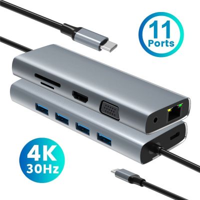 4K USB C HUB Dock 11-IN-1 Type C to HDMI VGA USB 3.0 Adapter Type C to HDMI-compatible 100W 1000MRJ45 USB C Splitter for MacBook USB Hubs