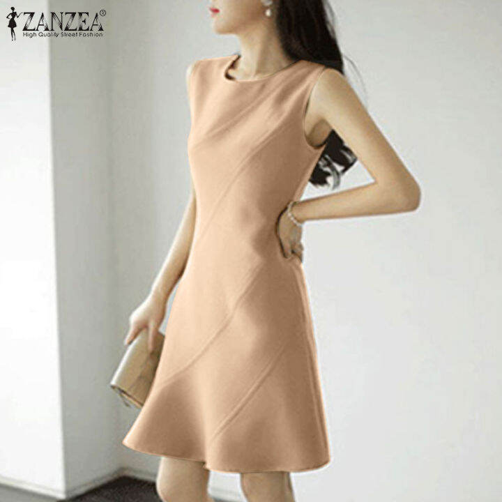 เคลียร์สต๊อกขาย-จัดส่งฟรี-fancystyle-zanzea-สไตล์เกาหลีผู้หญิงที่สง่างามไม่มีแขนชุดกระโปรงสั้นทึบออฟฟิศผู้หญิงคอกลมเดรสสายเดี่ยว-11