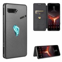 (PANG TECH)สำหรับ Asus ROG Phone II พื้นผิวคาร์บอนไฟเบอร์ฝาพับแบบแนวนอน TPU + PC + หนัง PU เคสที่มีช่องเสียบการ์ด (สีดำ)