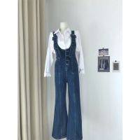 CDO Design sense denim braces womens spring new French vintage high-waisted thin flared trousers shirt age-reducing two-piece suit