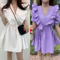 B12476 เดรสสั้นคอวีไขว้ระบาย เอวผูกโฐว์สองข้าง short dress The waist is tied to the bow on both sides.