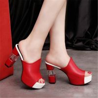 {shoe shop} รองเท้าแตะส้นหนาเซ็กซี่สำหรับผู้หญิง12ซม. เปิดส้นรองเท้าแตะ PU แพลตฟอร์มนิ้วเท้าระบายอากาศได้ดี