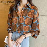 OULINNA เสื้อเชิ้ตแขนยาวสำหรับผู้ชายและผู้หญิงสไตล์ฮ่องกงสีแดงพิมพ์ลายเต็มตัวสไตล์ยุโรปและอเมริกันย้อนยุคกระชับสัดส่วน