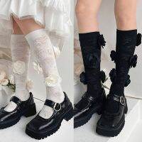 【Sock shop】ผู้หญิงผ้าฝ้ายลูกวัวถุงเท้าวินเทจกุหลาบดอกไม้เนื้อแบบโลลิต้า Kawaii หวานปลอม3D Camellia ดอกไม้เข่าถุงน่อง