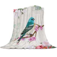 New Style Blue Bird Pink Peach Flower Retro Printed Flannel Blanket Soft Throw Blanket for Bed Living Room Couch Sofa King Queen Size Warm