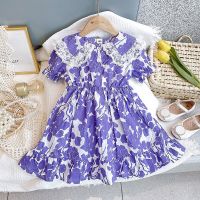 ZZOOI 2022 Summer Kids Dresses for Girls Purple Flower Lace Collar Short Sleeve Princess Dress Vestidos Fashion Children Costume