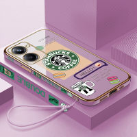 เคสเคสมือถือสำหรับ Realme 10 Pro 5G พร้อมฟรีสายคล้อง + โลโก้ Starbucks แฟชั่นเคสขอบสี่เหลี่ยมชุบฝาหลังนิ่ม