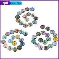 LHPFI 50Pcs 50รูปแบบ Cabochons แก้วพิมพ์ลาย กระจกสำหรับผู้หญิง 12mm ครับ กระเบื้องคาไลโดสโคป cabochons กระเบื้องโมเสค สายรุ้งสีรุ้ง หมุนแก้ว cabochons ทำเครื่องประดับ DIY