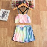 Swimming Suit Kids Children Summer Clothing Outfits New Kids Tie-dye Backless Top Elastic Waist Shorts Girl Clothes Set