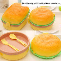 Double Tier Hamburger Lunch Box Hamburger Bento Box Microwavable Kids School Food Container Fork Dinnerware Set