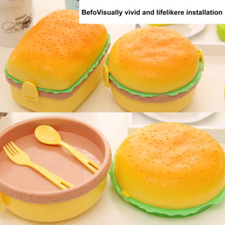 double-tier-hamburger-lunch-box-hamburger-bento-box-microwavable-kids-school-food-container-fork-dinnerware-set