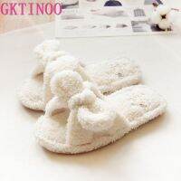 【cw】 Flock Bowtie Slippers Indoor Bedroom Soft Bottom Cotton Warm Shoes Adult Guests Flats