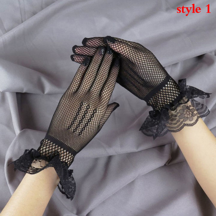 shelleys-ถุงมือลูกไม้สั้นผู้หญิงที่สง่างาม-ผ้าตาข่ายสีขาวดำถุงมือถุงมือปาร์ตี้งานพรอมสีล้วนทันสมัยของผู้หญิง