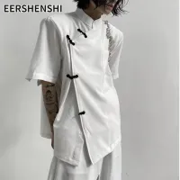 EERSHENSHI เสื้อผู้ชายใหม่เสื้อผู้ชายกระดุมคอเสื้อสี่เหลี่ยมแขนสั้นแบบเรียบง่าย