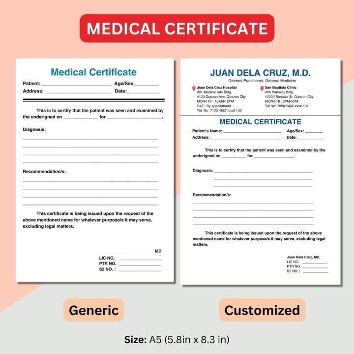 Medical Certificate Pads, Generic or Customized MedCert Pads, A5 size