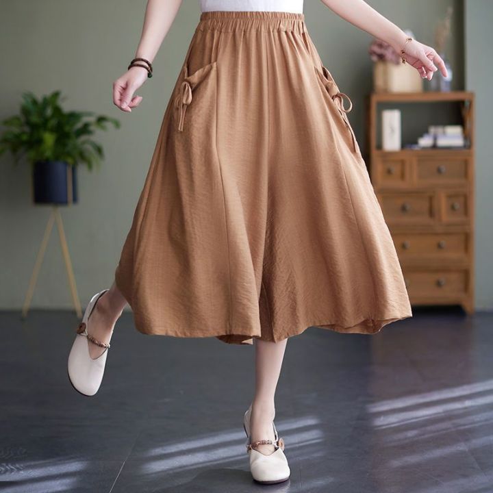 กางเกงห้าส่วนขากว้างลำลองผ้าลินินผ้าไหมน้ำแข็งสำหรับผู้หญิงกางเกง-gaun-modis-ทรงหลวมแนวย้อนยุคใหม่ฤดูร้อน