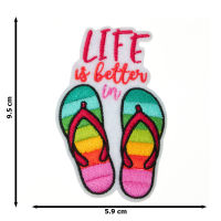 JPatch - LIFE is Better in … วลี คำคม คำพูด รองเท้าแตะ ชายหาด ทะเล ท่องที่ยว ทริป คัลเลอร์ฟูล ตัวรีดติดเสื้อ อาร์มรีด อาร์มปัก มีกาวในตัว การ์ตูนสุดน่ารัก งาน DIY Embroidered Iron/Sew on Patches