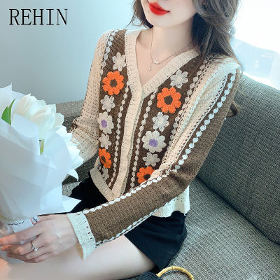 REHIN เสื้อสเวตเตอร์ถักฉบับภาษาเกาหลีคอวีแนววินเทจ,เสื้อสตรีใส่ได้ทรงหลวมเย็บตกแต่งลายดอกไม้แขนยาวอเนกประสงค์มาใหม่ล่าสุด