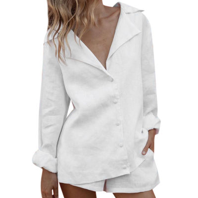 2 Piece Set Women  V Neck Slim Summer Cotton Lapel Button Temperament Suit Shorts Suit Summer Causal Beach white Sweatsuit