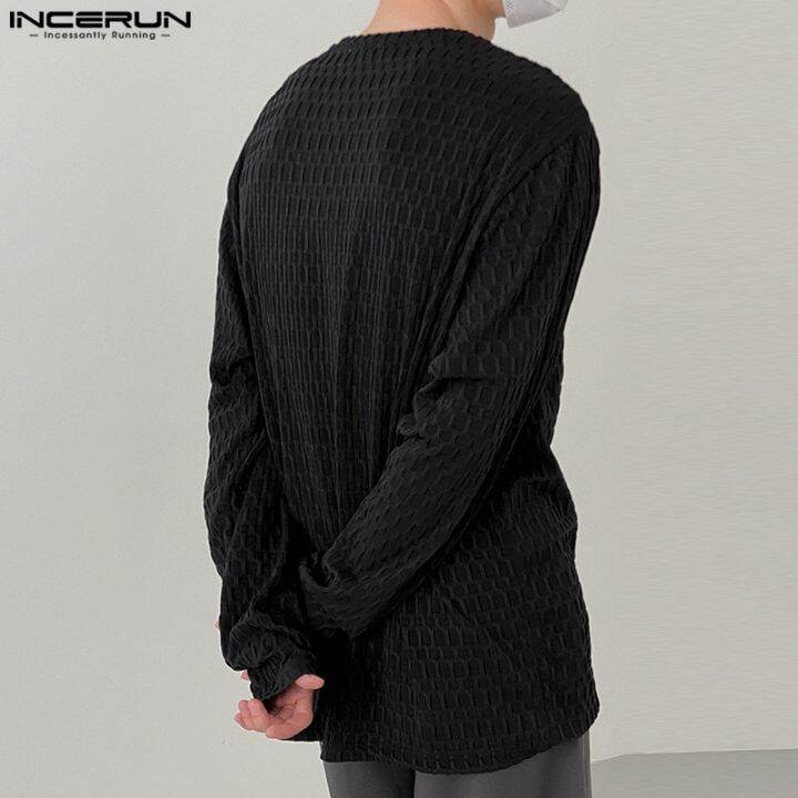 incerun-เสื้อยืดถัก-แขนยาว-คอกลม-ทรงหลวม-สีพื้น-สําหรับผู้ชาย