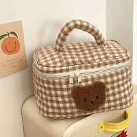 Cute Bear Makeup Cosmetic Bag Large Capacity Portable Zipper Pure Cotton Plaid Cosmetic Box Case For Brushes Pouch For Women