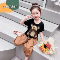 WANDER ชุดแฟชั่นเด็กผู้หญิง เสื้อยืดแขนสั้นเด็กหญิง ตกแต่งการ์ตูนหมีแฟชั่น ชุดเด็กโตแขนสั้น+กางเกงขาบาน23726